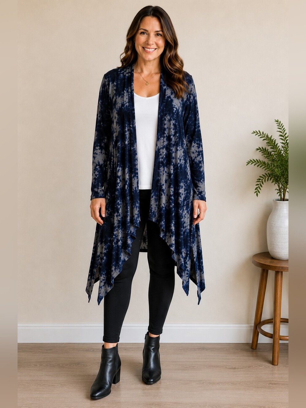 NEW Wonderly Navy Tie Dye Open Front Duster Cardigan Large Handkerchief Hem NWT